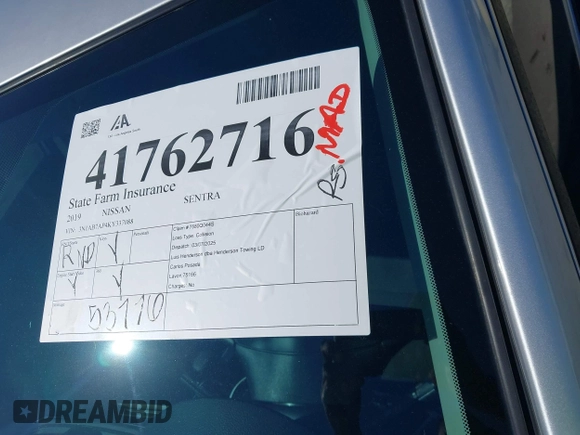 2019 Nissan Sentra SV z VIN 3N1AB7AP4KY337088, wystawiony jako IAAI lot #41762716 z przebiegiem 53 776 mil mil oraz . Historia ofert i sprzedaży dostępna na DreamBid. Obrazek 18.