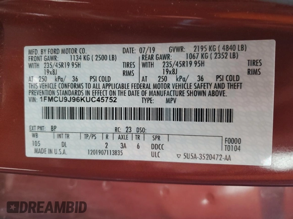 2019 Ford Escape Titanium with VIN 1FMCU9J96KUC45752, listed as a Copart auction lot 55819195 with 51,748 mi miles and Salvage title. Bid and sale history available at DreamBid. Image 13.