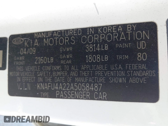 2010 Kia Forte EX with VIN KNAFU4A22A5058487, listed as a IAAI auction lot 41846640 with 198,295 mi miles. Bid and sale history available at carsss.com. Image 9.