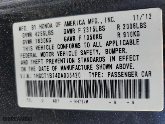 2013 Honda Accord Cpe EX with VIN 1HGCT1B74DA005420, listed as a Copart auction lot 47830565 with NaN miles and Salvage Title. Bid and sale history available at carsss.com. Image 14.