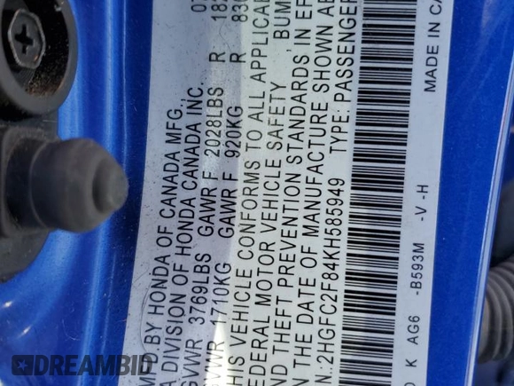2019 Honda Civic Sport with VIN 2HGFC2F84KH585949, listed as a Copart auction lot 49404105 with 100,886 mi miles and Salvage Title. Bid and sale history available at DreamBid. Image 12.