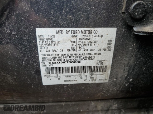 2023 Ford Explorer XLT with VIN 1FMSK8DH7PGC06589, listed as a Copart auction lot 51143865 with 23,614 mi miles and Salvage Title. Bid and sale history available at carsss.com. Image 14.