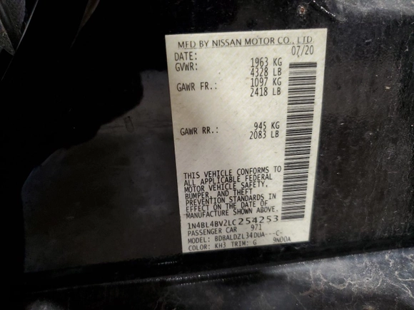2020 Nissan Altima S z VIN 1N4BL4BV2LC254253, wystawiony jako Copart lot #51695695 z przebiegiem Nie podano mil oraz Czysty tytuł • Clean title. Historia ofert i sprzedaży dostępna na DreamBid. Obrazek 12.