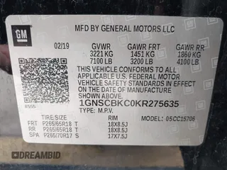2019 Chevrolet Tahoe LT z VIN 1GNSCBKC0KR275635, wystawiony jako IAAI lot #42071241 z przebiegiem 158 621 mil mil oraz . Historia ofert i sprzedaży dostępna na DreamBid. Obrazek 9.