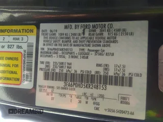 2019 Ford Fusion SE with VIN 3FA6P0HD5KR248153, listed as a IAAI auction lot 36809480 with 125,712 mi miles. Bid and sale history available at carsss.com. Image 9.