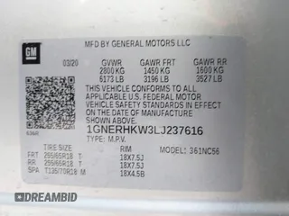 2020 Chevrolet Traverse LT with VIN 1GNERHKW3LJ237616, listed as a IAAI auction lot 42272845 with 87,104 mi miles and . Bid and sale history available at DreamBid. Image 9.