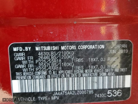 2020 Mitsubishi Eclipse Cross SE with VIN JA4AT5AA2LZ000785, listed as a Copart auction lot 72656304 with 42,703 mi miles and Salvage Title. Bid and sale history available at carsss.com. Image 12.
