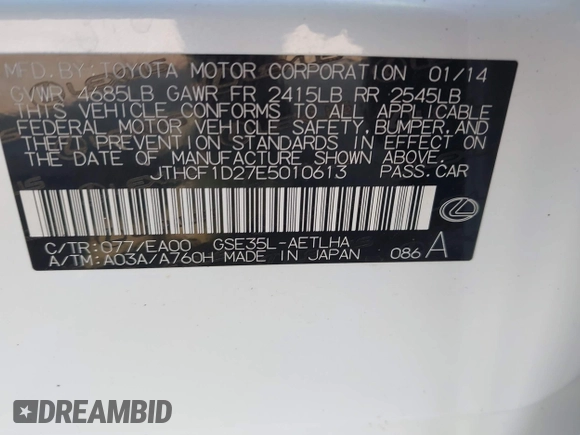 2014 Lexus IS 250 with VIN JTHCF1D27E5010613, listed as a IAAI auction lot 42646960 with 150,962 mi miles and . Bid and sale history available at DreamBid. Image 9.
