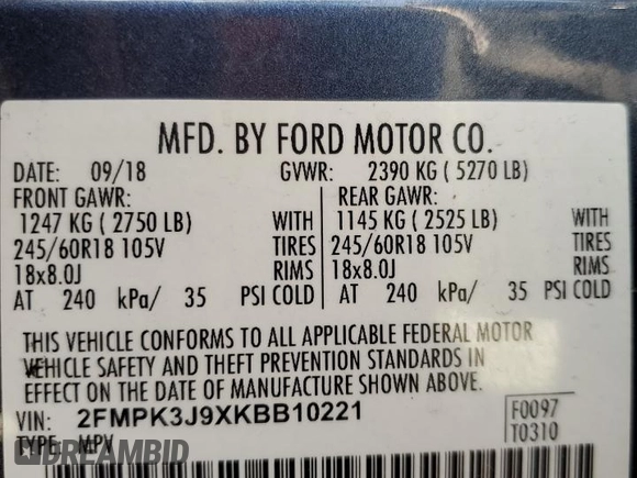 2019 Ford Edge SEL z VIN 2FMPK3J9XKBB10221, wystawiony jako Copart lot #61335815 z przebiegiem 93 444 mil mil oraz Nie do naprawy • Non repairable. Historia ofert i sprzedaży dostępna na DreamBid. Obrazek 13.