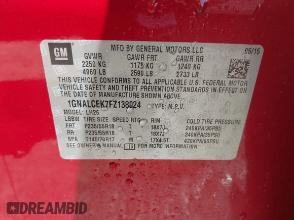 2015 Chevrolet Equinox LT with VIN 1GNALCEK7FZ138024, listed as a IAAI auction lot 42041555 with 33,815 mi miles. Bid and sale history available at carsss.com. Image 9.