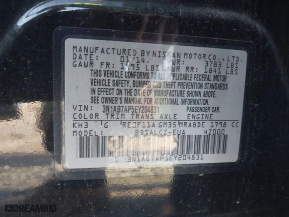 2014 Nissan Sentra SV with VIN 3N1AB7AP5EY204831, listed as a IAAI auction lot 41691039 with 112,954 mi miles. Bid and sale history available at carsss.com. Image 9.