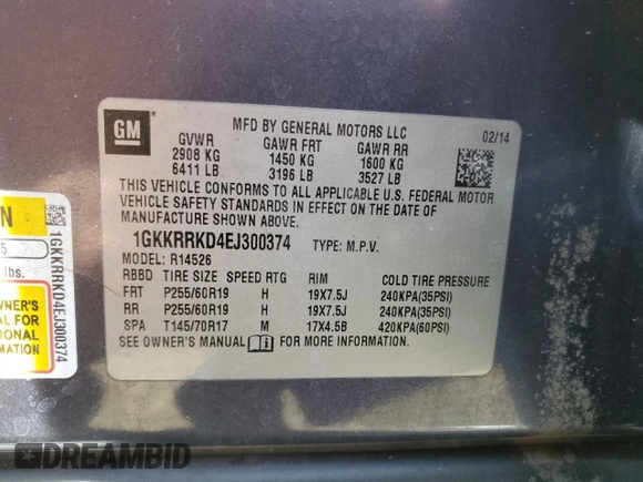 2014 GMC Acadia SLT with VIN 1GKKRRKD4EJ300374, listed as a Copart auction lot 55303765 with 109,151 mi miles and Salvage Title. Bid and sale history available at carsss.com. Image 13.