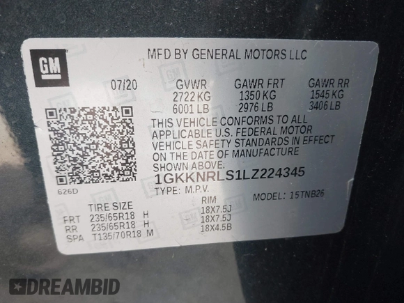 2020 GMC Acadia SLE z VIN 1GKKNRLS1LZ224345, wystawiony jako IAAI lot #41730857 z przebiegiem 85 126 mil mil oraz . Historia ofert i sprzedaży dostępna na DreamBid. Obrazek 9.