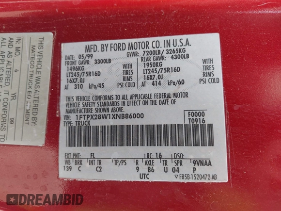 1999 Ford F-250 with VIN 1FTPX28W1XNB86000, listed as a IAAI auction lot 41658393 with Not provided miles and . Bid and sale history available at DreamBid. Image 8.