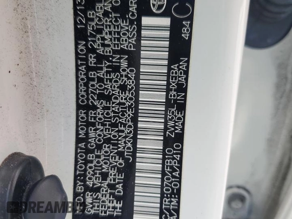 2014 Toyota Prius with VIN JTDKN3DP9E3053840, listed as a Copart auction lot 61880475 with 50,179 mi miles and Salvage title. Bid and sale history available at DreamBid. Image 12.