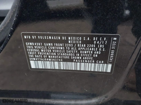 2017 Volkswagen Jetta GLI with VIN 3VW4T7AJ5HM362744, listed as a IAAI auction lot 41388362 with 118,114 mi miles. Bid and sale history available at carsss.com. Image 9.