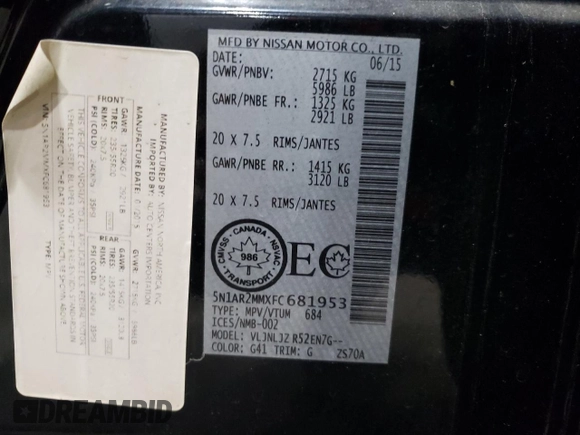 2015 Nissan Pathfinder S with VIN 5N1AR2MMXFC681953, listed as a Copart auction lot 80272294 with 103,942 mi miles and Salvage title. Bid and sale history available at DreamBid. Image 13.