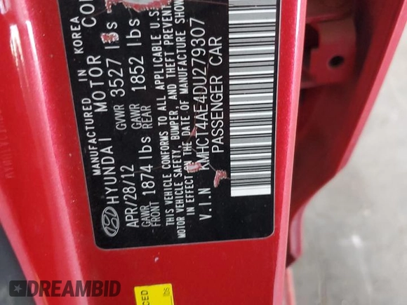 2013 Hyundai Accent GLS z VIN KMHCT4AE4DU279307, wystawiony jako Copart lot #61410775 z przebiegiem Nie podano mil oraz Czysty tytuł • Clean title. Historia ofert i sprzedaży dostępna na DreamBid. Obrazek 12.