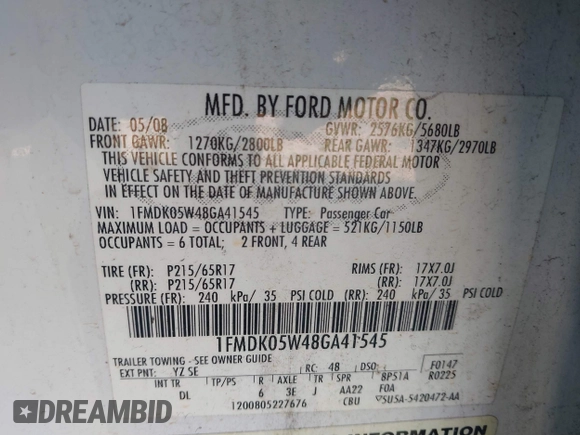 2008 Ford Taurus X SEL with VIN 1FMDK05W48GA41545, listed as a IAAI auction lot 41224904 with 325,617 mi miles and . Bid and sale history available at DreamBid. Image 9.