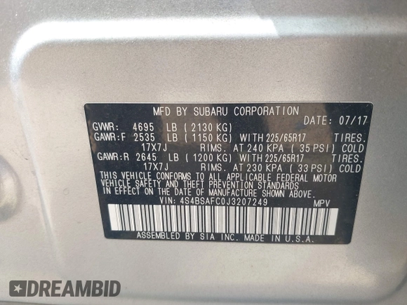 2018 Subaru Outback Premium z VIN 4S4BSAFC0J3207249, wystawiony jako IAAI lot #42231885 z przebiegiem 95 739 mil mil oraz . Historia ofert i sprzedaży dostępna na DreamBid. Obrazek 9.