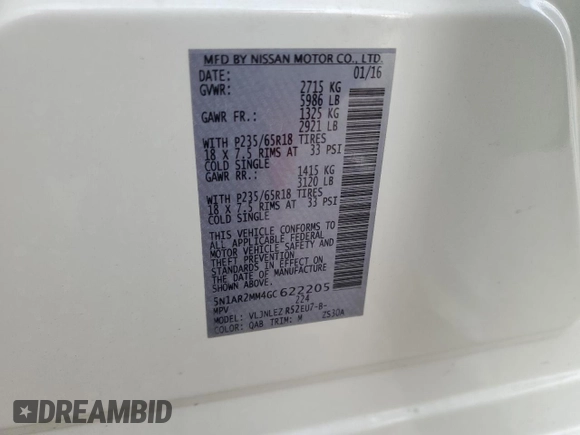 2016 Nissan Pathfinder S with VIN 5N1AR2MM4GC622205, listed as a Copart auction lot 50971095 with 114,351 mi miles and Salvage title. Bid and sale history available at DreamBid. Image 13.