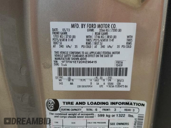 2013 Ford F-150 XL with VIN 1FTFW1ET2DKE96415, listed as a Copart auction lot 63535165 with 203,593 mi miles and Clean title. Bid and sale history available at DreamBid. Image 12.