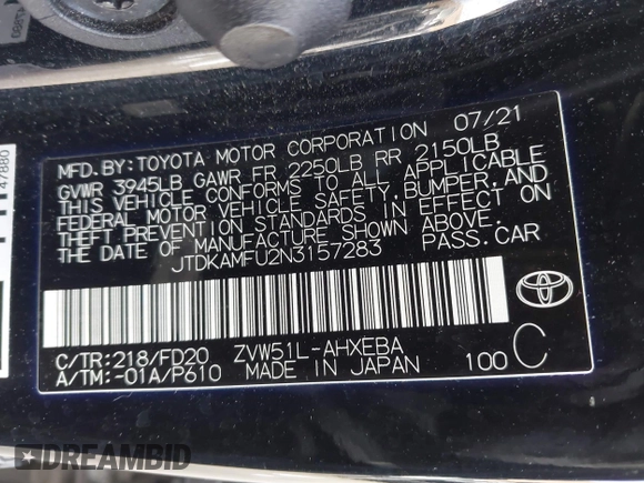 2022 Toyota Prius L Eco with VIN JTDKAMFU2N3157283, listed as a IAAI auction lot 41620334 with 59,754 mi miles and . Bid and sale history available at DreamBid. Image 9.