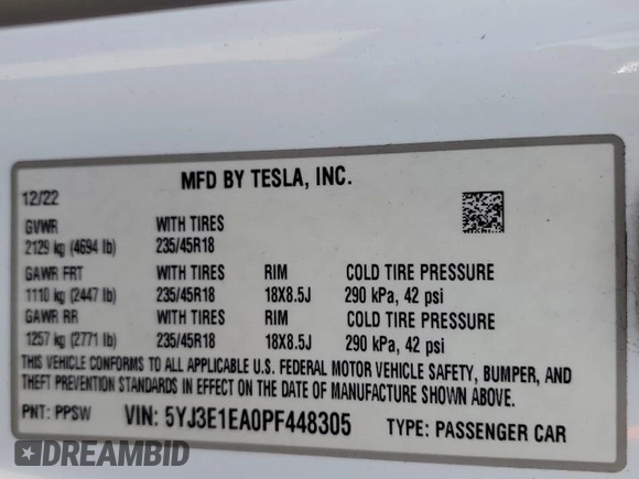 2023 Tesla Model 3 с VIN 5YJ3E1EA0PF448305, выставлен на аукционе Copart как лот 65409055 с пробегом 92 242 миль миль и На запчасти • Non repairable. История ставок и продаж доступна на DreamBid. Изображение 12.