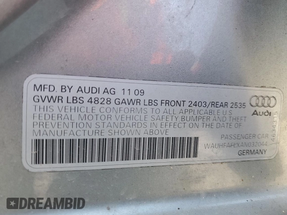 2010 Audi A4 2.0T Premium Plus with VIN WAUHFAFLXAN032044, listed as a Copart auction lot 79078854 with 177,708 mi miles and Salvage Title. Bid and sale history available at carsss.com. Image 12.
