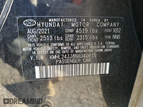 2022 Hyundai Sonata Hybrid Blue with VIN KMHL24JJ8NA040815, listed as a Copart auction lot 44653955 with 92,090 mi miles and Salvage Title. Bid and sale history available at carsss.com. Image 12.