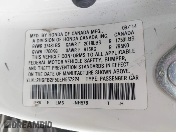 2014 Honda Civic Sedan LX with VIN 2HGFB2F50EH557224, listed as a IAAI auction lot 42105114 with 175,815 mi miles. Bid and sale history available at carsss.com. Image 9.