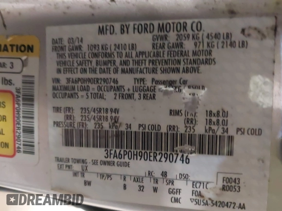 2014 Ford Fusion SE with VIN 3FA6P0H90ER290746, listed as a IAAI auction lot 41333537 with 148,755 mi miles. Bid and sale history available at carsss.com. Image 9.