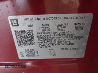 2019 Chevrolet Equinox Premier with VIN 2GNAXYEX8K6223490, listed as a IAAI auction lot 41979705 with 57,462 mi miles. Bid and sale history available at carsss.com. Image 9.