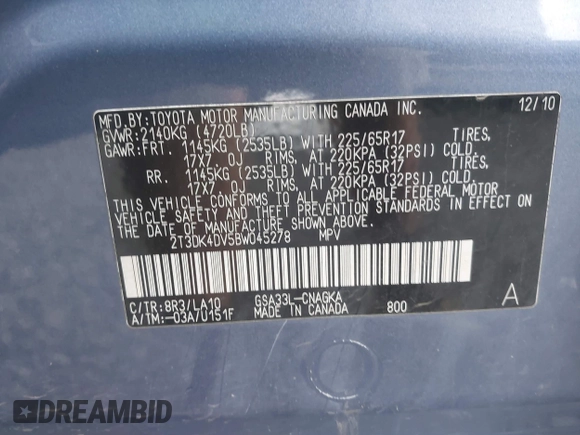 2011 Toyota RAV4 Ltd with VIN 2T3DK4DV5BW045278, listed as a IAAI auction lot 41284138 with 1 mi miles. Bid and sale history available at carsss.com. Image 9.