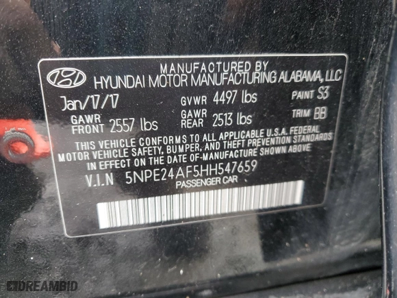2017 Hyundai Sonata SE with VIN 5NPE24AF5HH547659, listed as a Copart auction lot 50803005 with 90,067 mi miles and Salvage Title. Bid and sale history available at carsss.com. Image 12.