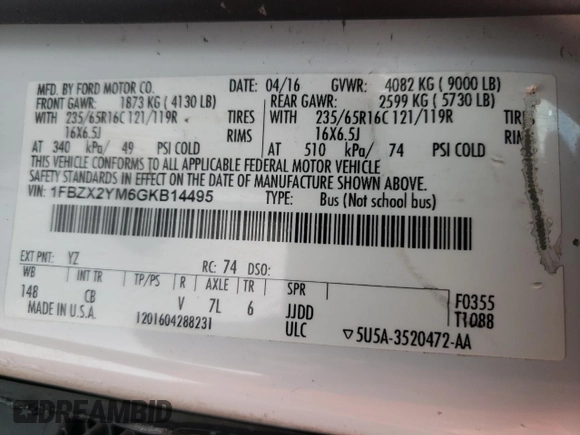 2016 Ford Transit XL z VIN 1FBZX2YM6GKB14495, wystawiony jako Copart lot #81963914 z przebiegiem 94 313 mil mil oraz Szkoda całkowita • Salvage title. Historia ofert i sprzedaży dostępna na DreamBid. Obrazek 13.