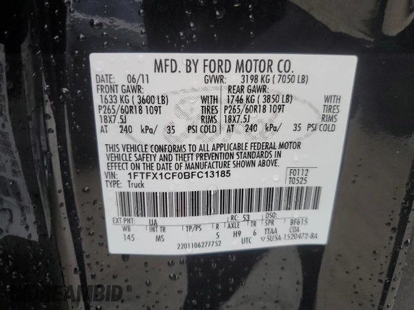 2011 Ford F-150 XL with VIN 1FTFX1CF0BFC13185, listed as a Copart auction lot 47481415 with 199,937 mi miles and Salvage Title. Bid and sale history available at carsss.com. Image 12.