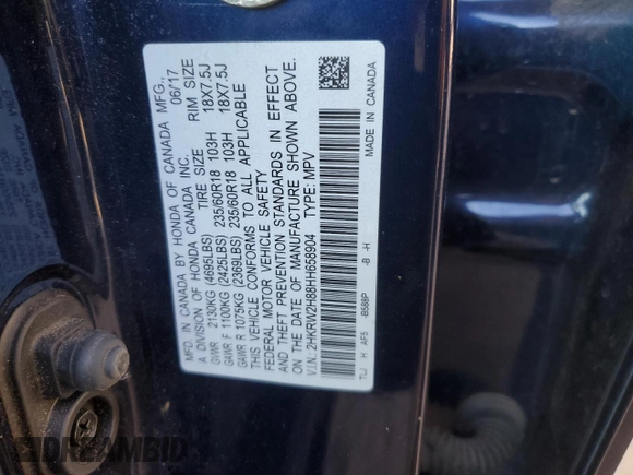 2017 Honda CR-V EX-L with VIN 2HKRW2H88HH658904, listed as a Copart auction lot 45985425 with 68,579 mi miles and Salvage Title. Bid and sale history available at DreamBid. Image 16.