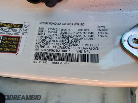 2019 Honda CR-V LX z VIN 5J6RW6H35KL004807, wystawiony jako Copart lot #51943275 z przebiegiem 119 862 mil mil oraz Szkoda całkowita • Salvage title. Historia ofert i sprzedaży dostępna na DreamBid. Obrazek 13.