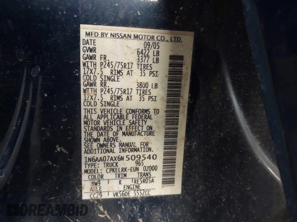 2006 Nissan Titan SE z VIN 1N6AA07AX6N509540, wystawiony jako IAAI lot #42054973 z przebiegiem 166 413 mil mil oraz . Historia ofert i sprzedaży dostępna na DreamBid. Obrazek 9.