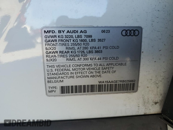 2024 Audi Q8 e-tron Premium Plus z VIN WA15AAGE7RB025662, wystawiony jako Copart lot #52006665 z przebiegiem 18 760 mil mil oraz Szkoda całkowita • Salvage title. Historia ofert i sprzedaży dostępna na DreamBid. Obrazek 13.