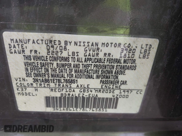2008 Nissan Sentra 2.0 with VIN 3N1AB61E78L765851, listed as a IAAI auction lot 42620921 with 95,001 mi miles and . Bid and sale history available at DreamBid. Image 9.