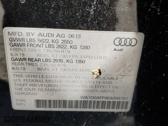 2014 Audi Q5 Premium Plus with VIN WA1DGAFP9EA008181, listed as a Copart auction lot 49160285 with 0 mi miles and Clean Title. Bid and sale history available at carsss.com. Image 14.