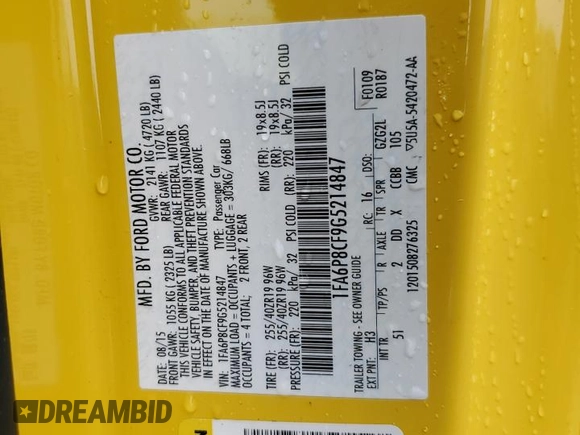 2016 Ford Mustang GT with VIN 1FA6P8CF9G5214847, listed as a Copart auction lot 61108705 with 54,137 mi miles and Salvage title. Bid and sale history available at DreamBid. Image 12.