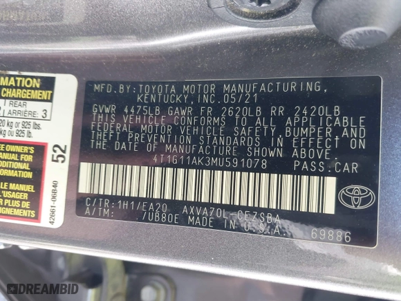 2021 Toyota Camry SE Nightshade with VIN 4T1G11AK3MU591078, listed as a IAAI auction lot 42018767 with 96,814 mi miles. Bid and sale history available at carsss.com. Image 9.