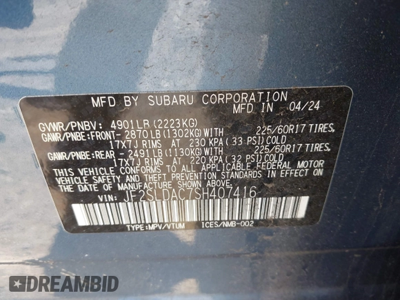 2025 Subaru Forester with VIN JF2SLDAC7SH407416, listed as a IAAI auction lot 42566823 with 13,165 mi miles and . Bid and sale history available at DreamBid. Image 9.