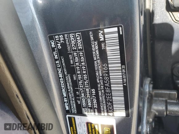 2015 Mercedes-Benz GL with VIN 4JGDF2EE8FA589166, listed as a Copart auction lot 60533654 with 201,384 mi miles and Salvage Title. Bid and sale history available at carsss.com. Image 13.