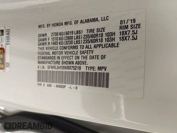 2019 Honda Odyssey EX with VIN 5FNRL6H59KB075219, listed as a IAAI auction lot 42435591 with 51,663 mi miles and . Bid and sale history available at DreamBid. Image 9.