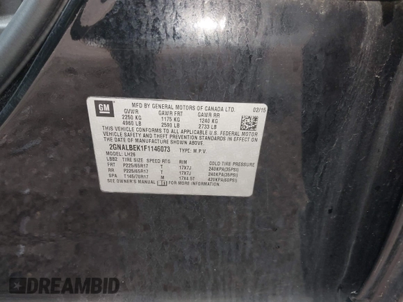 2015 Chevrolet Equinox LT with VIN 2GNALBEK1F1146073, listed as a IAAI auction lot 42033155 with 95,244 mi miles. Bid and sale history available at carsss.com. Image 9.