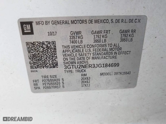 2018 GMC Sierra 1500 SLT with VIN 3GTU2NER3JG184699, listed as a IAAI auction lot 41559101 with 94,568 mi miles. Bid and sale history available at carsss.com. Image 9.